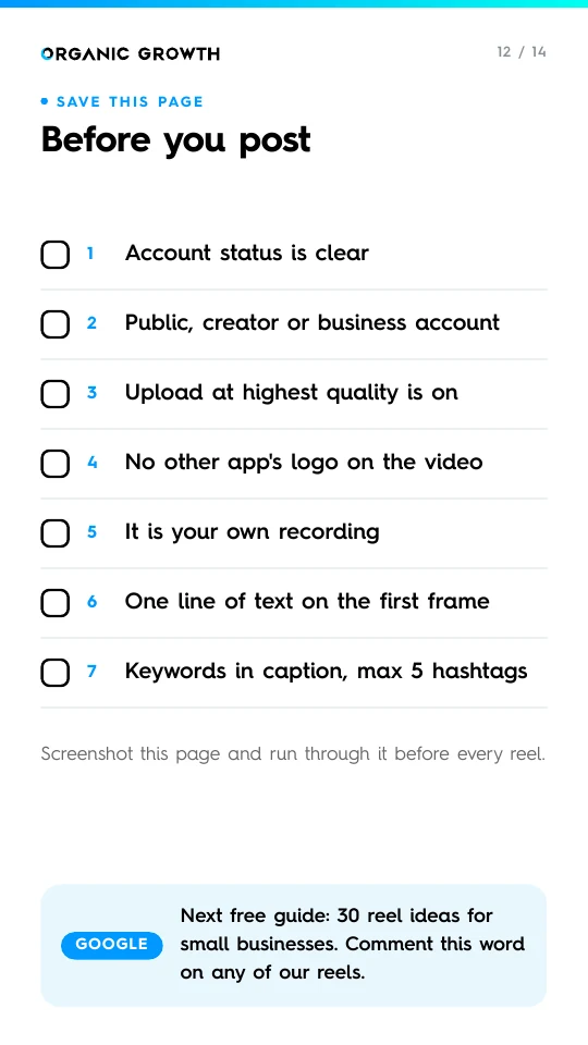 Page 12 of The Reach Checklist: the seven checks as one list to tick before you post